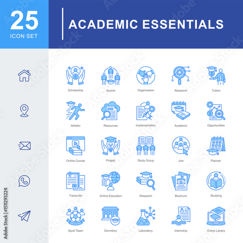 Essential academic icons covering scholarships, alumni, study groups, online courses, campus resources, and student support for a comprehensive educational experience.