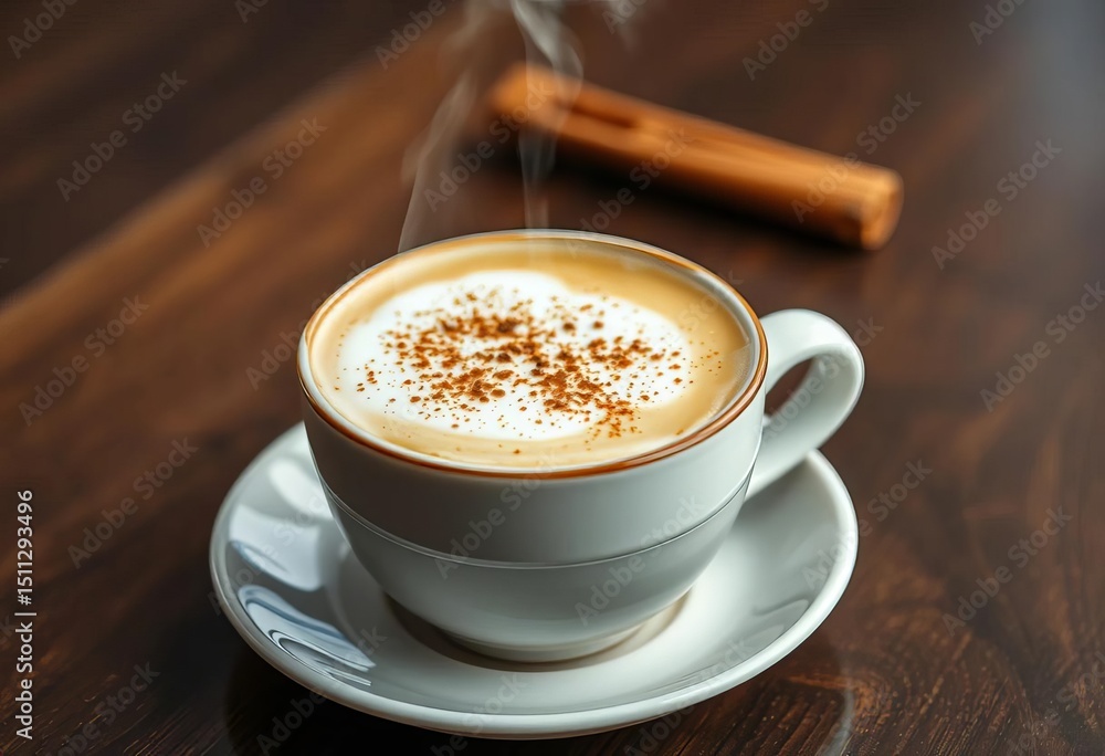 Steaming cappuccino, sprinkled with cinnamon, in a ceramic cup, brown, morning Steaming cappuccino, sprinkled with cinnamon, in a ceramic cup, brown, morning