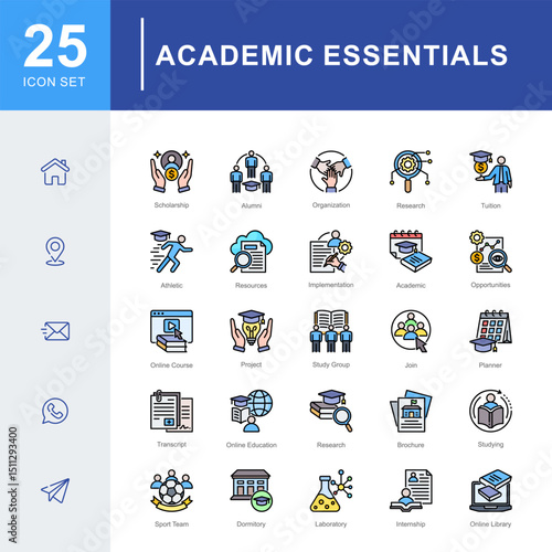 Essential academic icons covering scholarships, alumni, study groups, online courses, campus resources, and student support for a comprehensive educational experience.