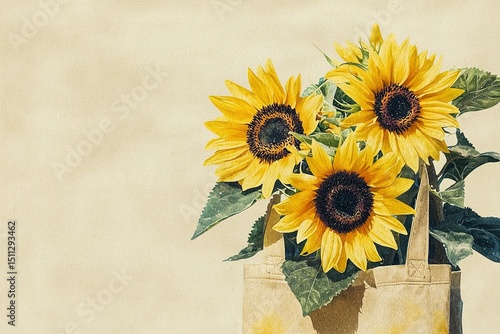 Three sunflowers in a beige tote bag on beige background