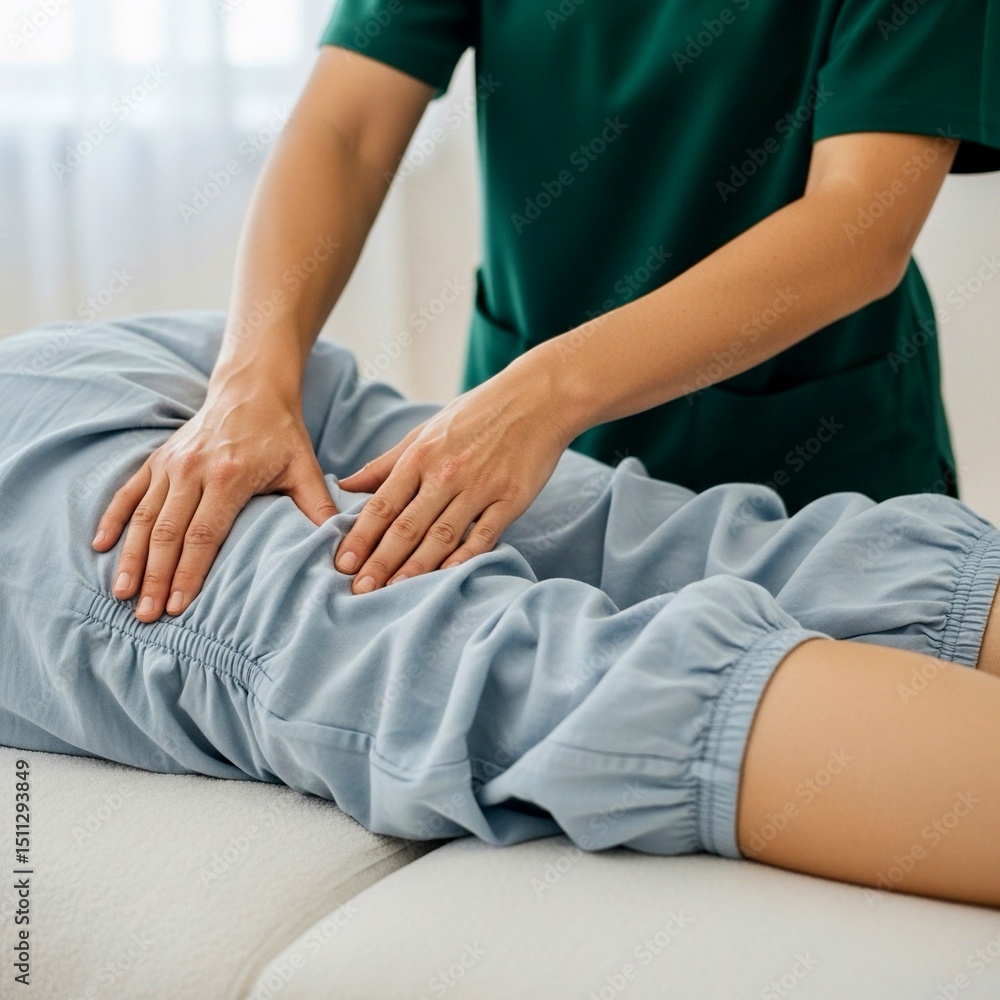 Obraz premium A therapist in a green uniform is performing a hands-on treatment, possibly a massage, on the lower back or hip area of a person wearing light blue clothing. 