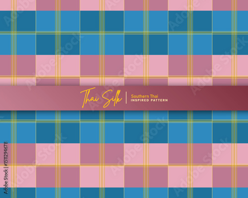 Decorative seamless pattern background. Inspired by Southern Thai silk pattern style called "Sarong Tarang". Colored in traditional pink and blue.