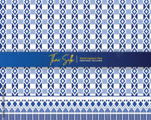 Decorative seamless pattern background. Inspired by North Eastern Thai silk pattern style called "Sin Mak Bok". Colored in china blue and white.