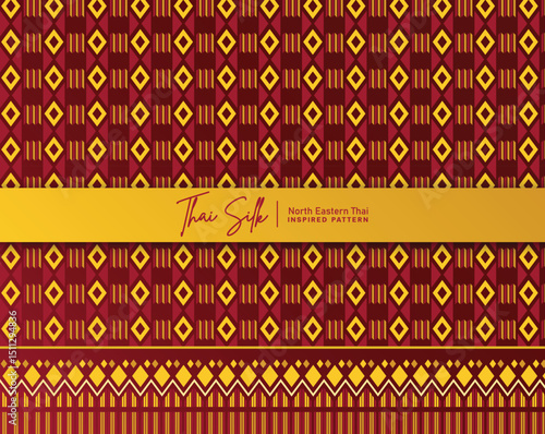 Decorative seamless pattern background. Inspired by North Eastern Thai silk pattern style called "Sin Mak Bok". Colored in crimson red and gold.