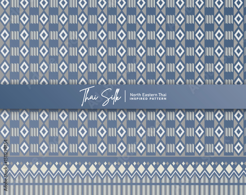 Decorative seamless pattern background. Inspired by North Eastern Thai silk pattern style called "Sin Mak Bok". Colored in blueish grey.