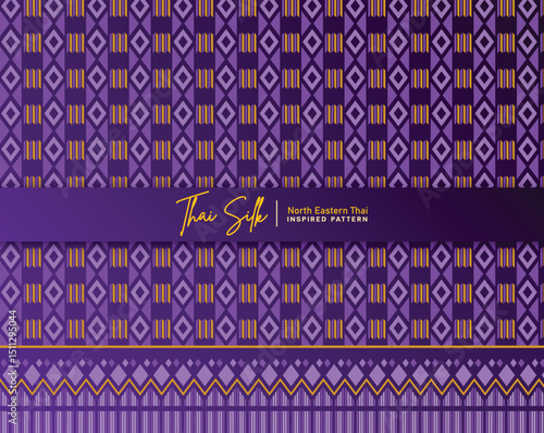 Decorative seamless pattern background. Inspired by North Eastern Thai silk pattern style called "Sin Mak Bok". Colored in violet and gold.