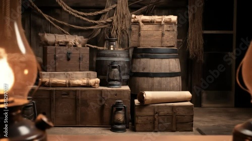 Old wooden wine press in an ancient cellar with dusty bottles and barrels