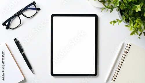 Top view of digital tablet with empty screen on white background
