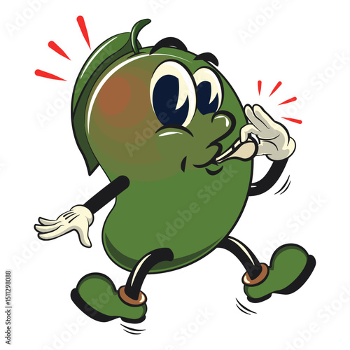 manggo retro vektor illustration mascot character blowing the whistle, work of hand drawn photo