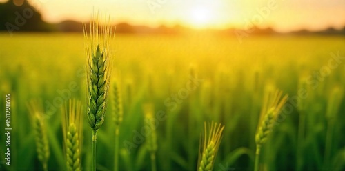 Golden hour sunlight bathes a lush green field of ripening wheat, swaying gently in the summer breeze A vibrant scene of abundant harvest, ripe for the picking , wheat, ecology, organic