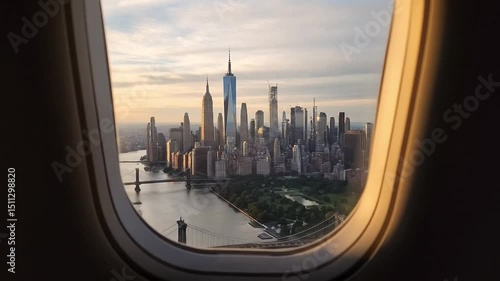 Cinematic Aerial View of Manhattan from Airplane Window – Golden Hour Flight Over New York City with Skyline, Clouds, Central Park, and Realistic Ambient Cabin Sounds for Immersive Travel Scene

