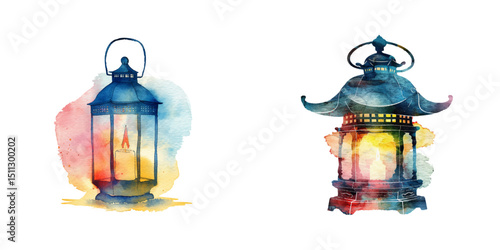 abstract color silhouette of lantern watercolor vector illustration