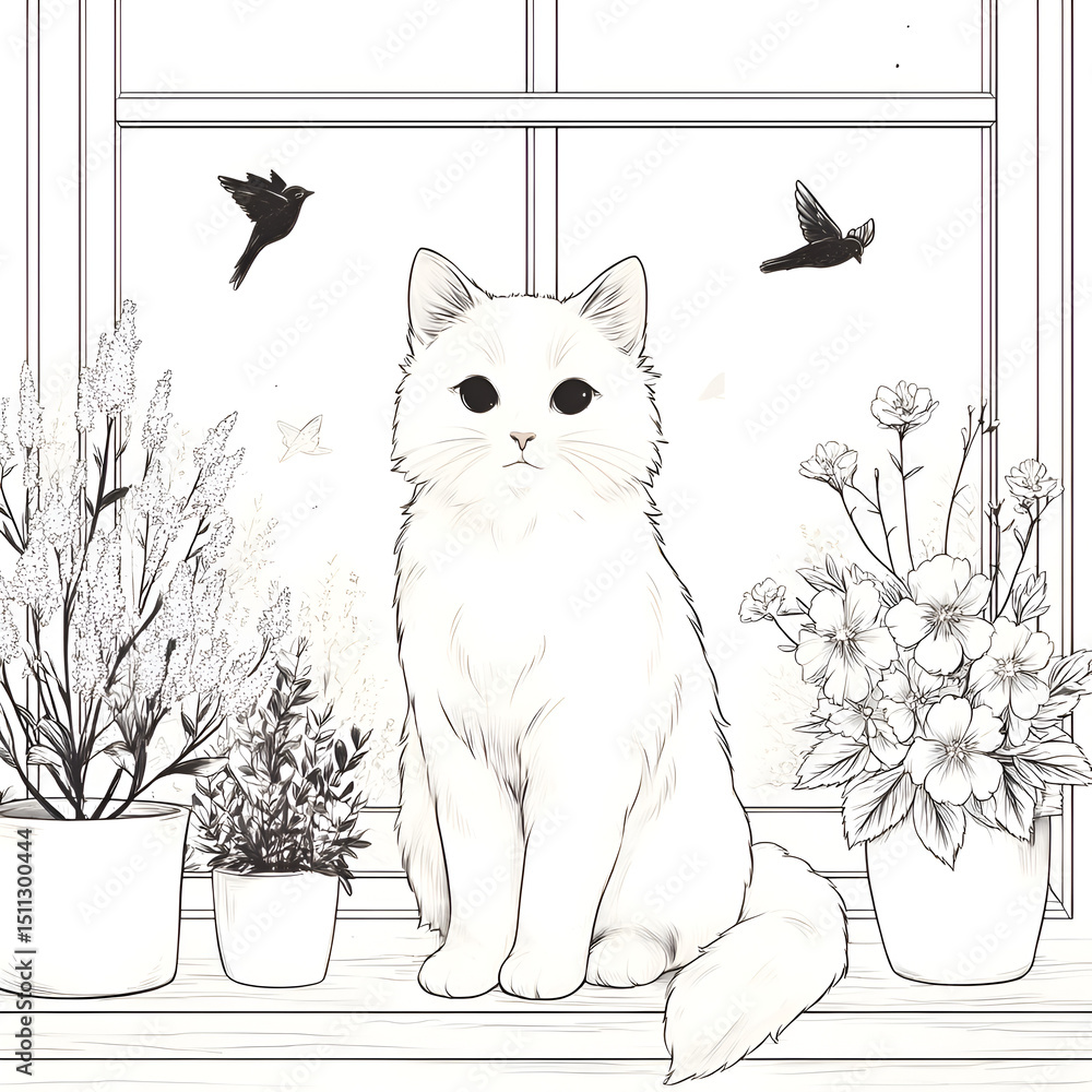 Fototapeta premium Charming Cat Illustration by Window with Flowers and Birds - Adorable Feline Decor for a Peaceful Home and Nature-Inspired Indoor Garden
