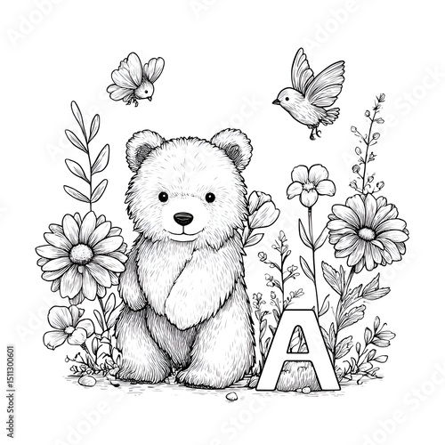 Charming Bear Illustration: Whimsical Wildlife Sketch with Flowers, Butterflies, and Playful Character Design for a Peaceful Garden Scene - Cute Black-and-White Art for Childhood Innocence and