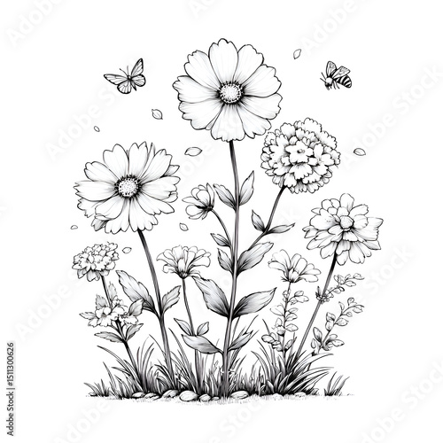 Elegant Black and White Botanical Illustration of Flowers, Petals, and Blossoms in Nature's Garden with Whimsical Butterflies and Bees, Detailed Outdoor Spring Artwork for a Vibrant Aesthetic