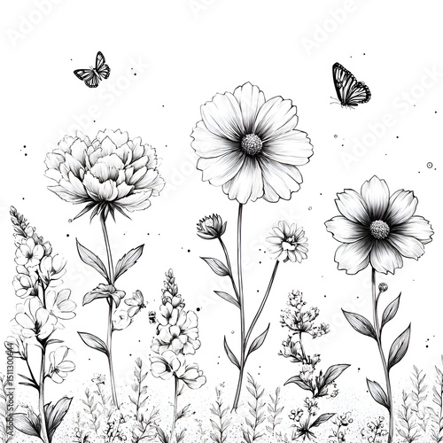 Elegant Black and White Botanical Illustration of Flowers, Butterflies, Peony, Cosmos, Wildflowers, and Nature-Inspired Designs - Delicate Hand-Drawn Floral Art with Detailed Outlines