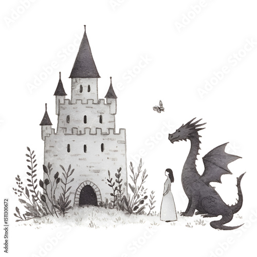 Enchanting Castle Adventure: A Fantasy Art Illustration of a Girl, Dragon, and Whimsical Butterfly in a Dreamlike Medieval Landscape with Magical Creatures and Serene Folklore Legends
