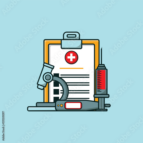 Vector illustration featuring a microscope, thermometer, syringe, and medical clipboard. Represents clinical diagnostics, lab testing, and healthcare services