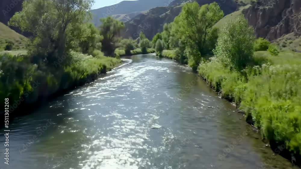Flowing River Through Green Valley Landscape Drone View Flowing River Through Green Valley Landscape Drone View