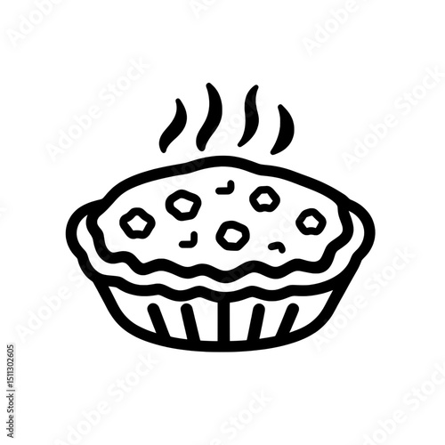 Freshly baked pie icon with steam rising in black outline for bakery and dessert illustrations