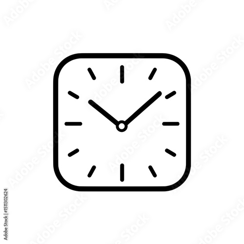 Square analog clock icon with minute and hour hands in black outline for time illustration
