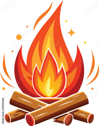 Stylized Bonfire Illustration with Logs and Flames on White Background