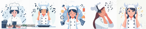female chef character vector listening to music