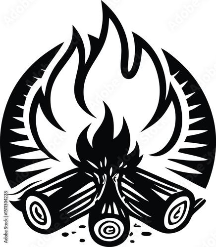 Stylized Campfire Illustration in Black and White Vector Design
