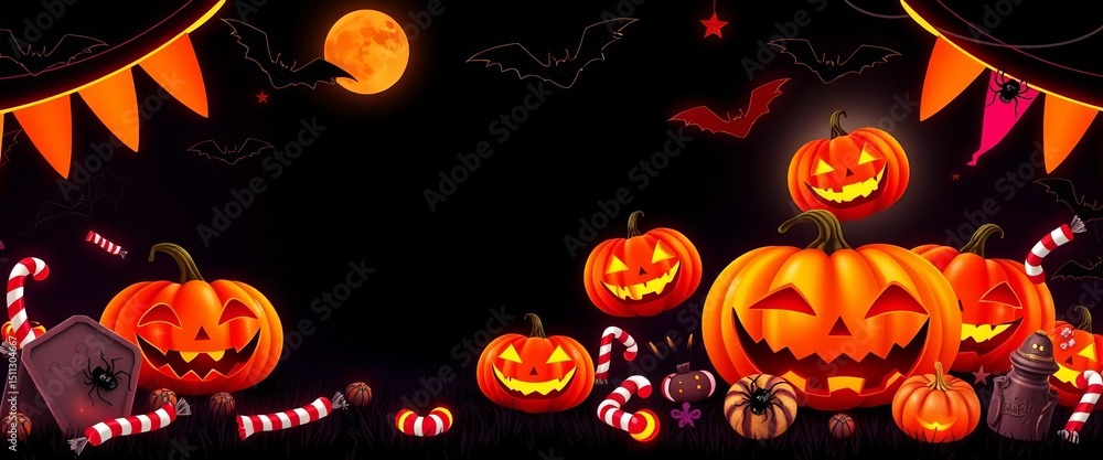 Glowing pumpkins, candy, bats, coffin, flags & spiders on a dark Halloween background Vector illustration for party flyer, halloween, element Glowing pumpkins, candy, bats, coffin, flags & spiders on a dark Halloween background Vector illustration for party flyer, halloween, element