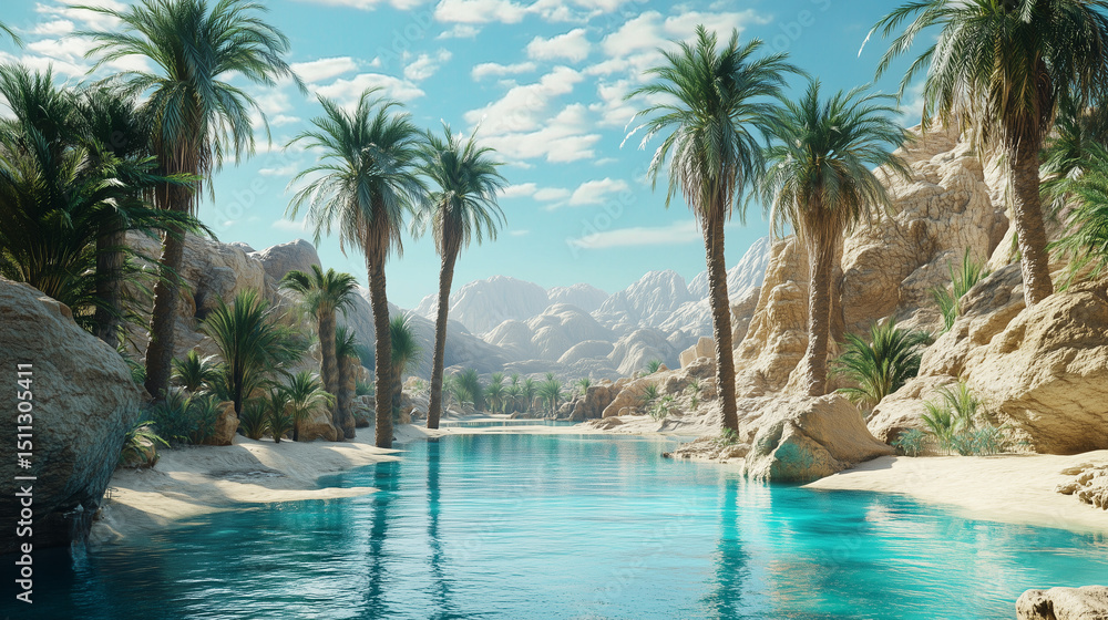 A hyper-realistic image of a desert oasis with palm trees, turquoise water, and a mountain backdrop under a bright blue sky with scattered clouds A hyper-realistic image of a desert oasis with palm trees, turquoise water, and a mountain backdrop under a bright blue sky with scattered clouds