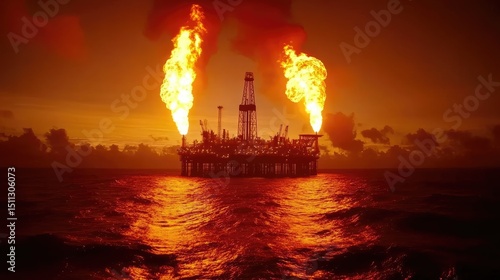 Sunset view of an oil platform with gas flares lit, casting an orange glow over the water