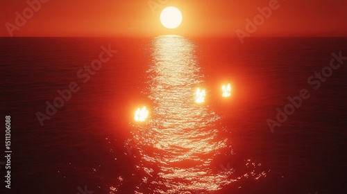 Sunset view of an oil platform with gas flares lit, casting an orange glow over the water
