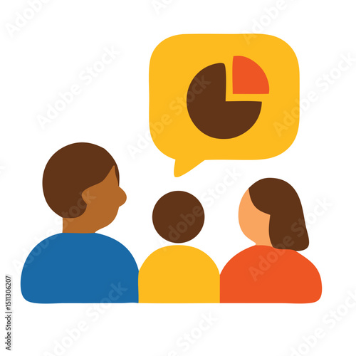 Pie Chart Discussion: Conceptual visual of three individuals engaged in a thoughtful discussion, with a speech bubble emanating from one, depicting a pie chart.