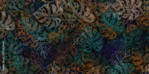 Tropical background with monstera leaves. Green monstera tree leaves decoration design.