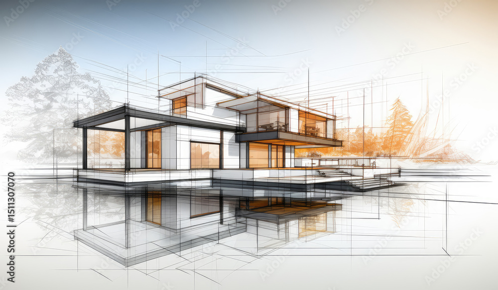 Modern Home Design Concept with Pencil Sketch Modern Home Design Concept with Pencil Sketch