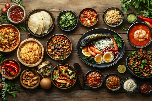 Diverse global cuisine dishes displayed on a rustic wooden table.