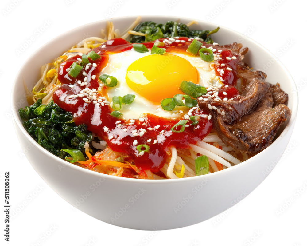 Delicious Korean rice bowl featuring assorted toppings, including fried egg, vegetables, and savory beef, all drizzled with spicy sauce. vibrant and appetizing dish that delights senses Delicious Korean rice bowl featuring assorted toppings, including fried egg, vegetables, and savory beef, all drizzled with spicy sauce. vibrant and appetizing dish that delights senses