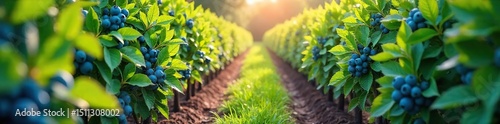 Rows of lush blueberry bushes laden with ripe, plump blueberries ready for harvest Sunlight dapples the leaves, creating a vibrant summer scene in a thriving berry patch , food, garden scene