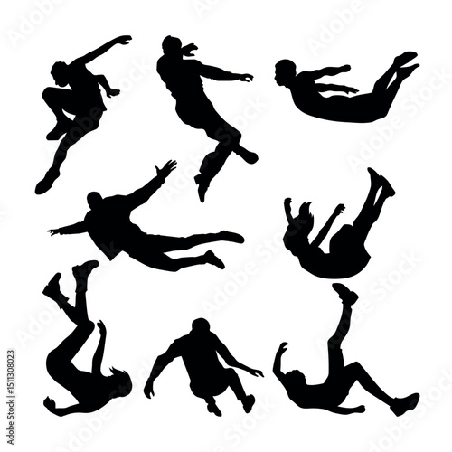 set of falling people silhouettes. vector silhouettes of people falling from a great height.