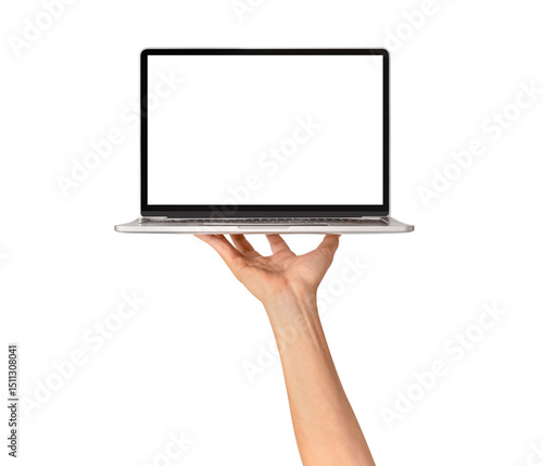 Hand showing laptop computer with blank screen isolated.