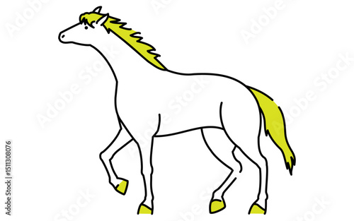 White horse simple line drawing with yellow-green mane tail and hooves in minimal flat style