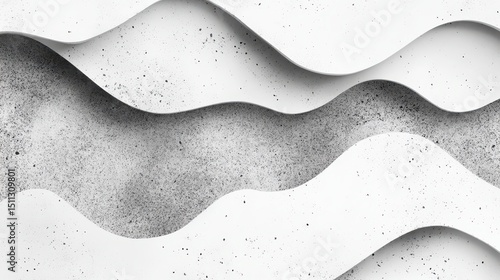 Monochrome image features layered, wavy white paper with a textured gray background. Use this image for textured backgrounds and abstract graphic design concepts.