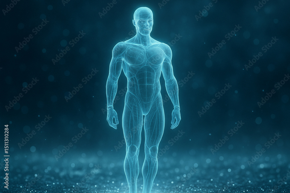 AI generated image of a glowing holographic male android standing in a digital environment with translucent wireframe structure symbolizing futuristic existence data embodiment technological serenity AI generated image of a glowing holographic male android standing in a digital environment with translucent wireframe structure symbolizing futuristic existence data embodiment technological serenity