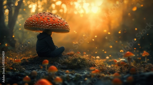 A mesmerizing scene featuring a person sitting beneath a giant mushroom in a sunlit forest, surrounded by smaller mushrooms. The atmosphere evokes tranquility and imagination.