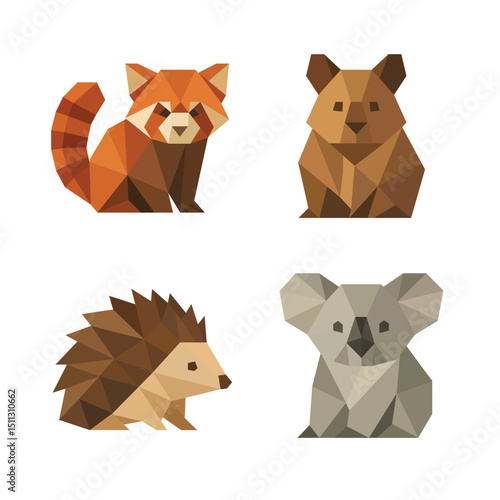 set of animal flat illustration origami style red panda quokka hedgehog koala