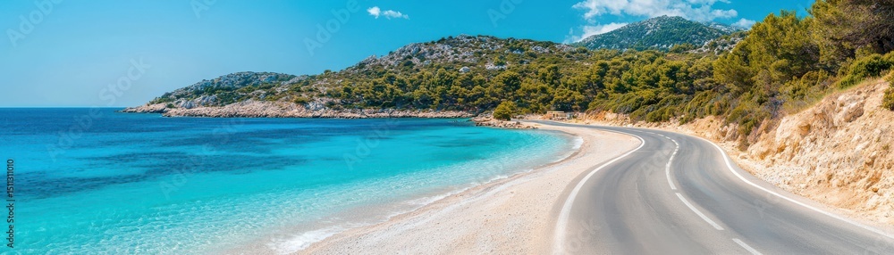 Scenic Coastal Road along Clear Blue Water with Lush Greenery Scenic Coastal Road along Clear Blue Water with Lush Greenery