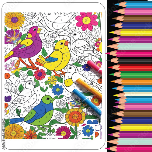 a colorful bird color by number artbook page coloring book for adults