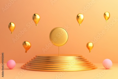 A visually striking golden podium surrounded by floating balloons against a soft orange backdrop. Ideal for celebrations, achievements, or festive themes.