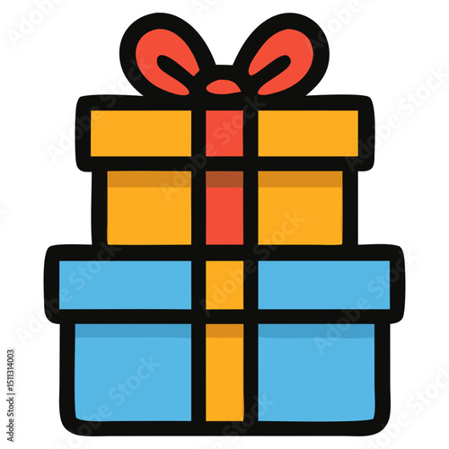 Festive Stacked Gift Boxes: Two vibrant, colorfully wrapped gift boxes with a ribbon sit atop each other, an embodiment of cheer and celebration. Perfect for expressing gratitude, affection.