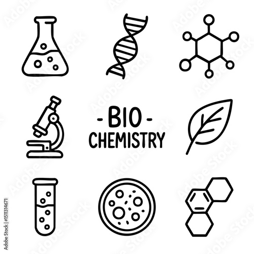A set of doodle line icons representing biochemistry concepts like DNA, microscope, molecules, and lab equipment